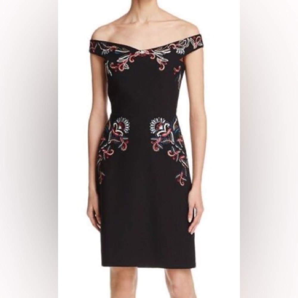 PARKER off shoulder Avril black dress with beautiful embroidery. Size Medium